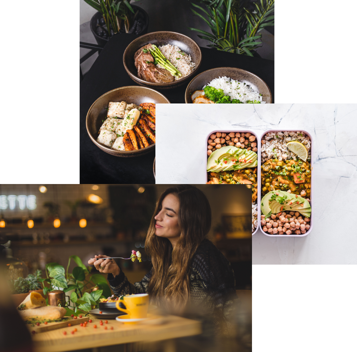 Women enjoying food, meals, storage container, and food bowls an a table